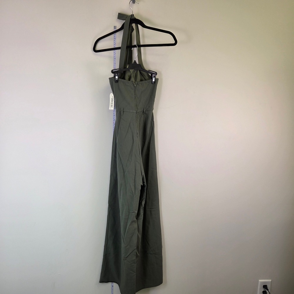 Olive Green Halter Neck Tapered Leg Jumpsuit with Back Zip and Belt Loops - Picture 5 of 9
